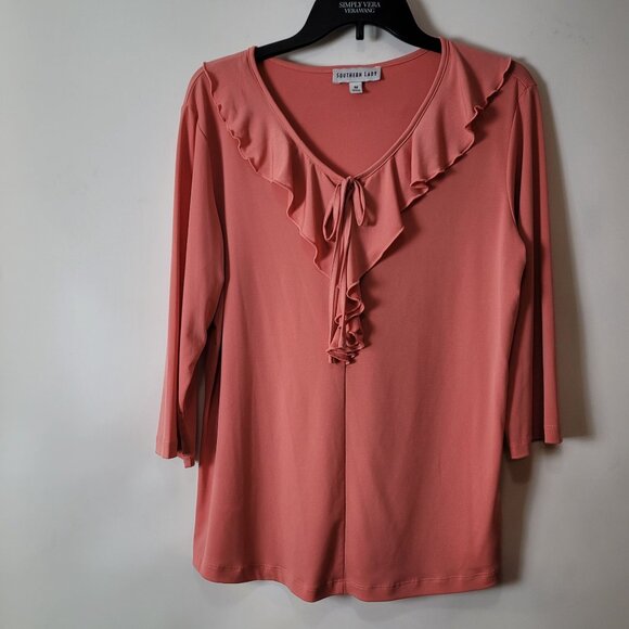 Southern Lady Pink Ruffled V-Neck Blouse W/Tie Front & 3/4 Sleeves Med. - Picture 13 of 13